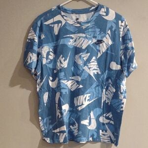 Nike Men's Large  Blue and White Logo Short‎ Sleeve T-shirt